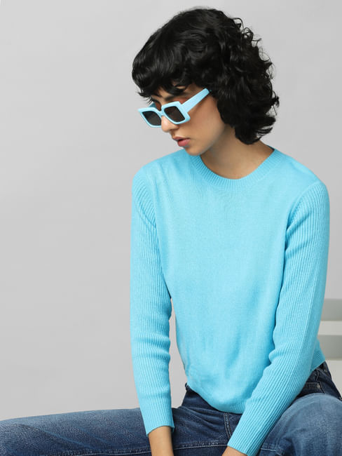 Blue Ribbed Sleeves Pullover