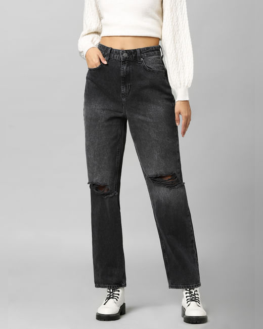 Black High Rise Distressed Straight Fit Jeans