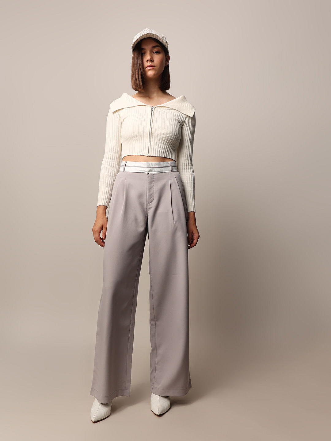 Grey High Rise Tailored Wide Leg Pants|113264102-Opal-Gray