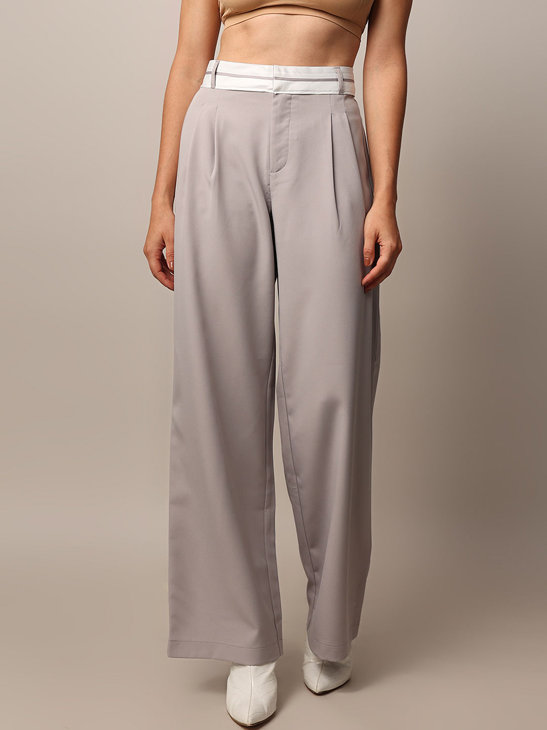 Grey High Rise Tailored Wide Leg Pants