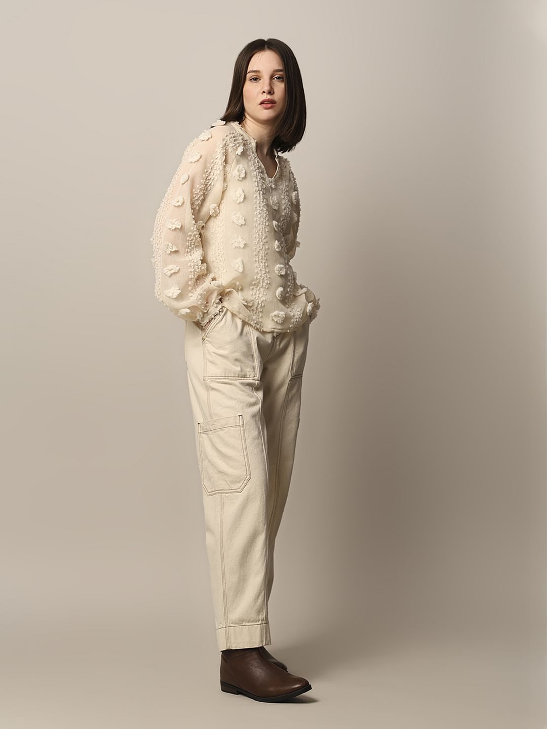 Floral Jacquard High Neck Blouse - beige - Mame Kurogouchi