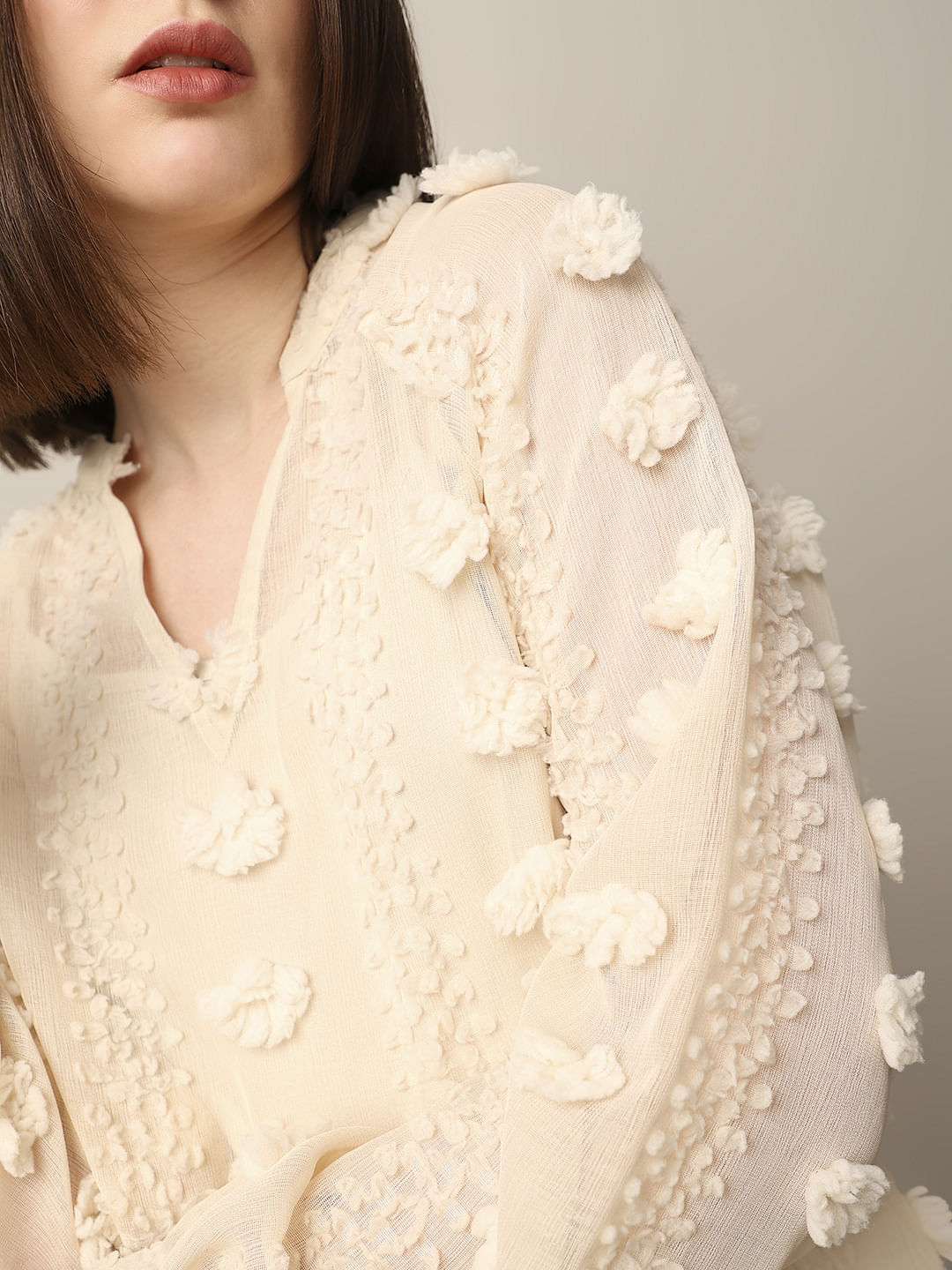 Floral Jacquard High Neck Blouse - beige - Mame Kurogouchi