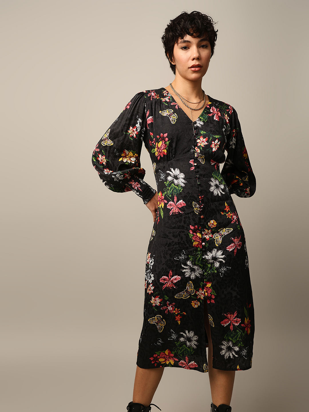 買うレディース - FLOWER JACQUARD STRAIGHT DRESS