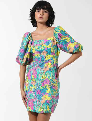 Blue Tropical Print Dress