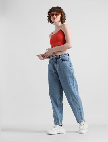Blue High Rise Washed Mom Jeans