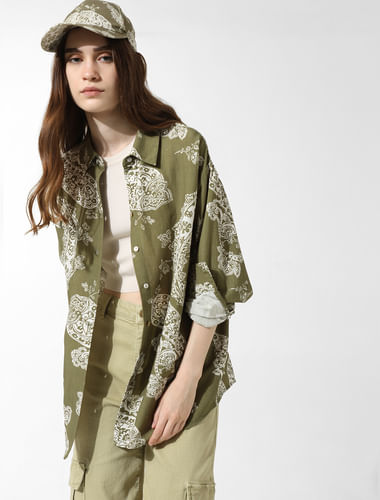 Green Printed Oversized Co-ord Set Shirt