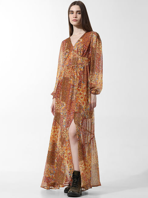 Brown Chiffon Printed Maxi Dress