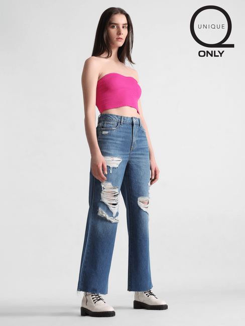 Blue High Rise Distressed Wide Leg Jeans