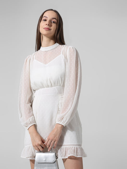 Off-White Embroidered Mock Wrap Dress