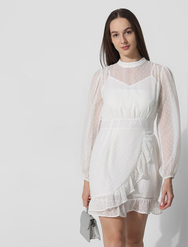 Off-White Embroidered Mock Wrap Dress