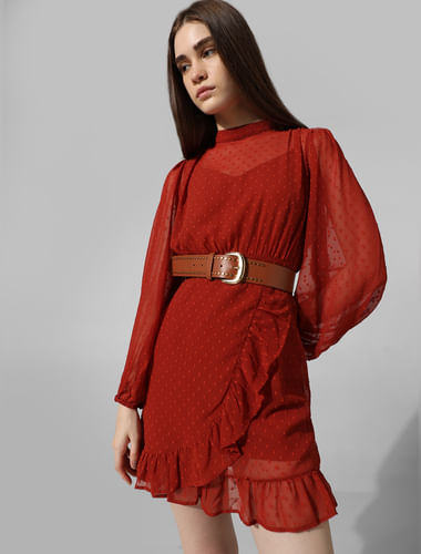 Red Embroidered Mock Wrap Dress