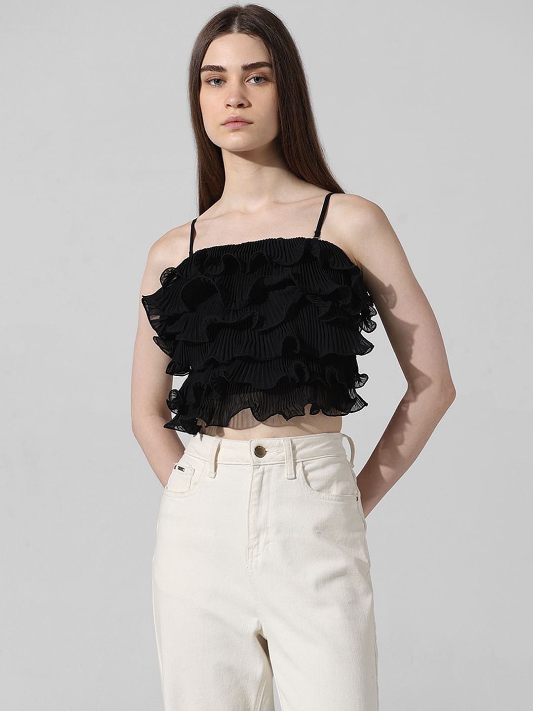 Black Ruffle Pleats Crop Top