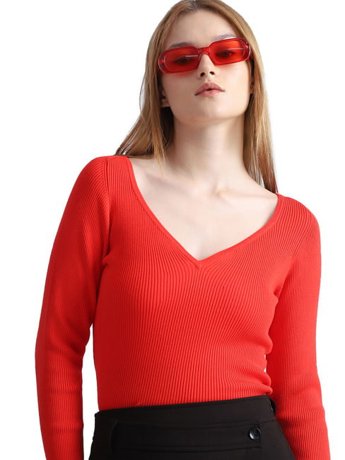 Red Ribbed Pullover