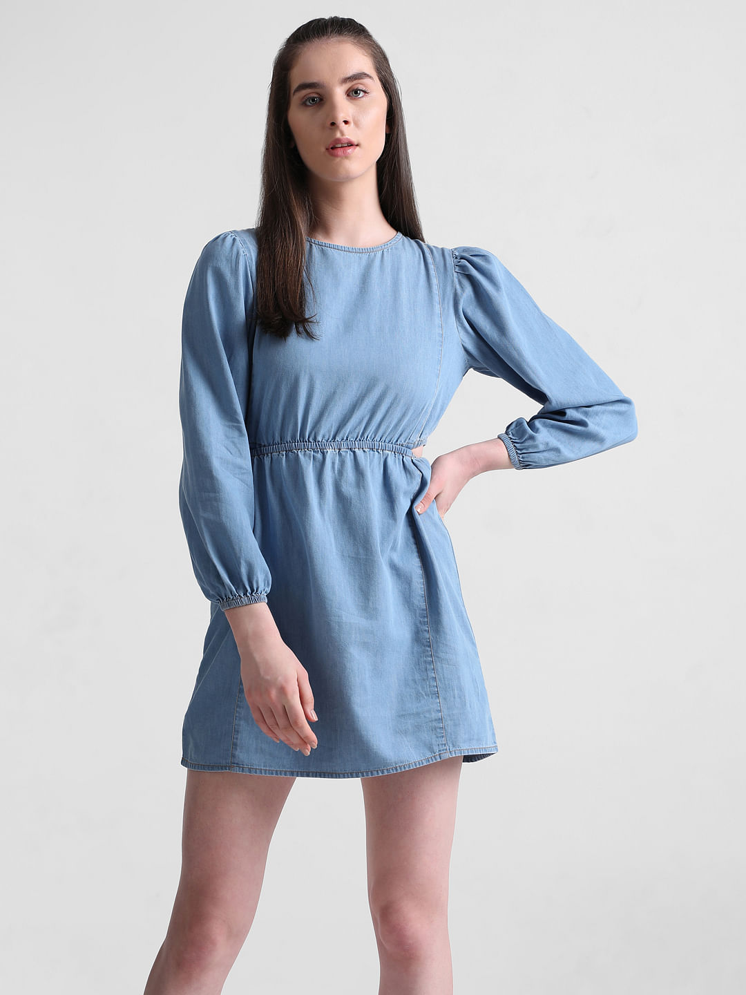 Blue Smocked Square Neck Denim Dress– PinkBlush