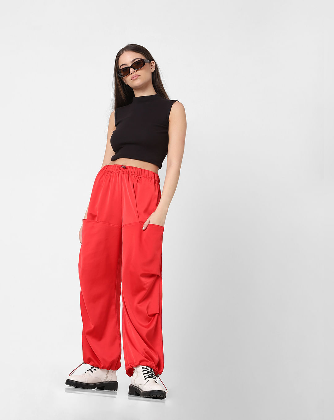 Buy RED LOOSE PRINTED MID-RISE JOGGERS for Women Online in India