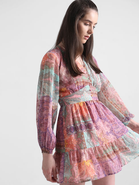 Pink Abstract Print Chiffon Dress