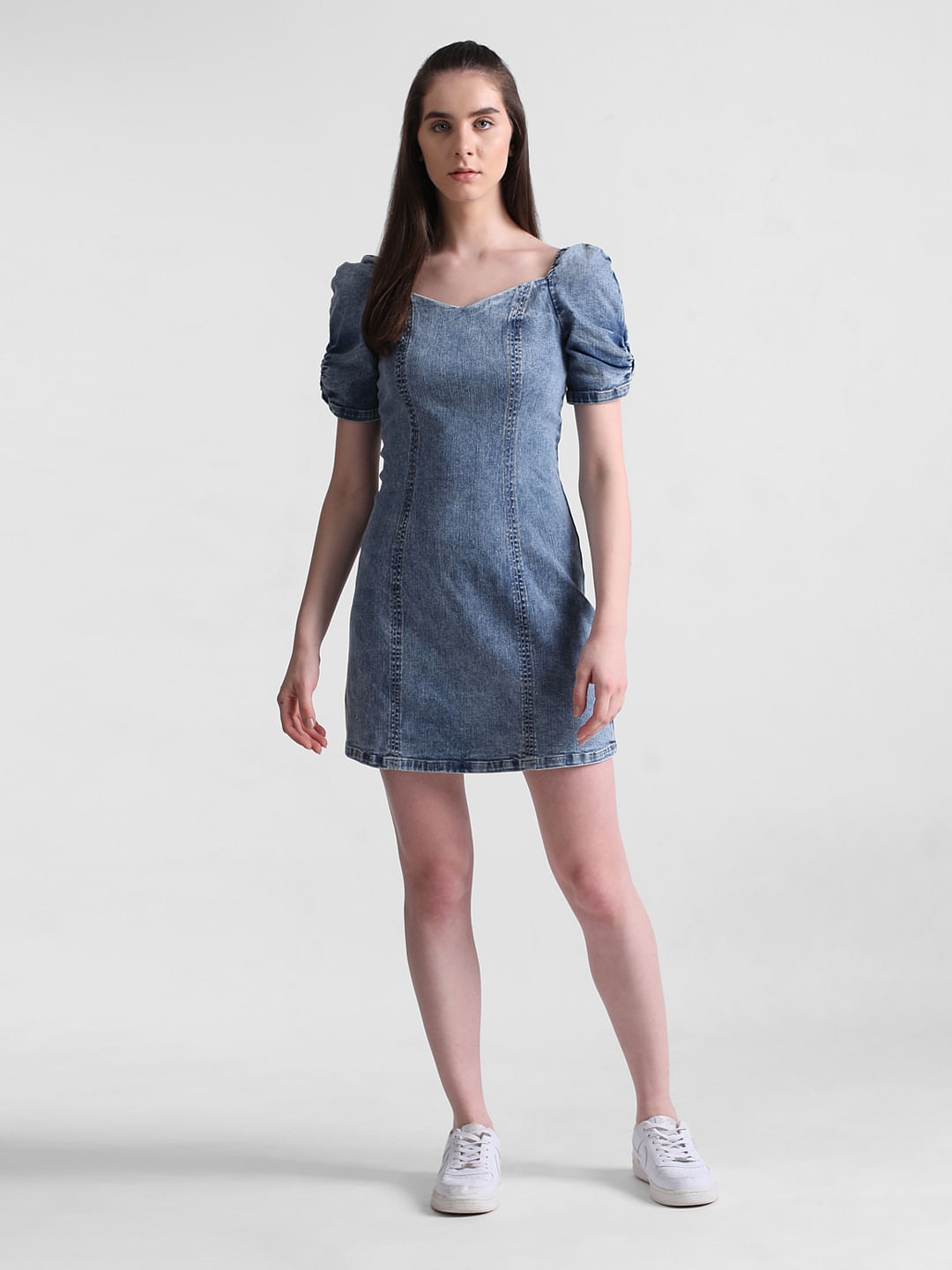 Buy Miss Chase Women Blue Sleeveless Denim Solid Mini Shift Dress online