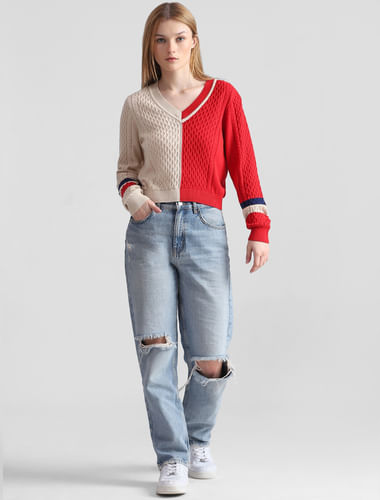 Red Colourblocked Cable Knit Pullover