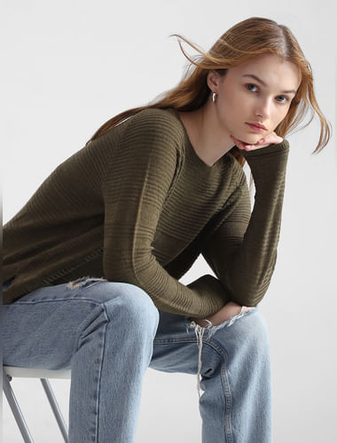 Green Structured Knitted Pullover