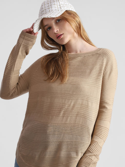 Beige Structured Knitted Pullover