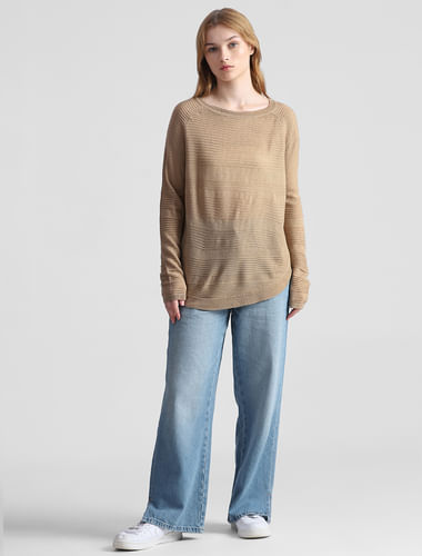 Beige Structured Knitted Pullover
