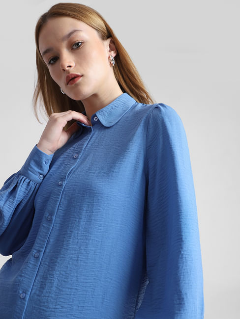 Blue Puff Sleeves Textured Shirt