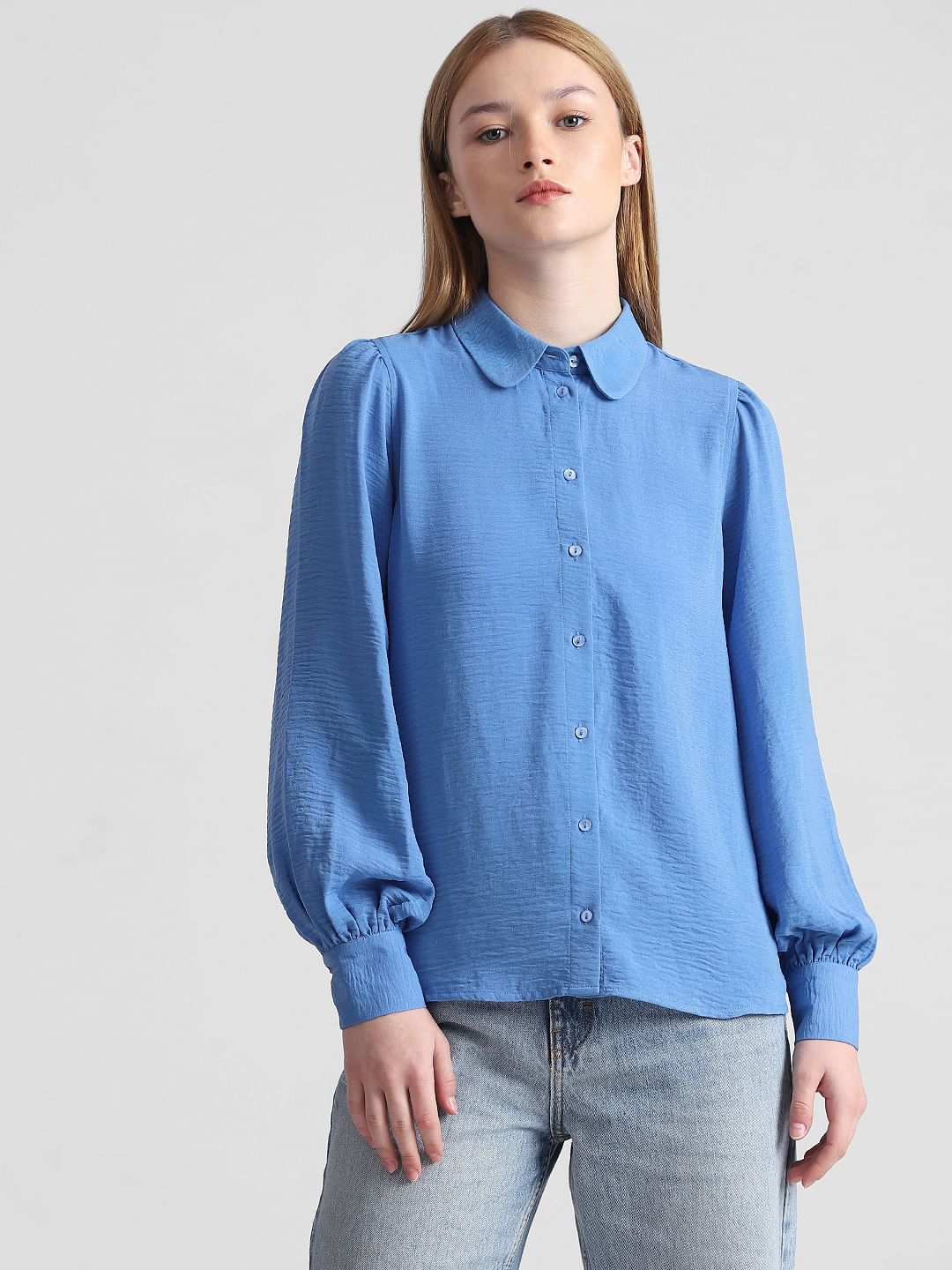 Blue Puff Sleeves Textured Shirt