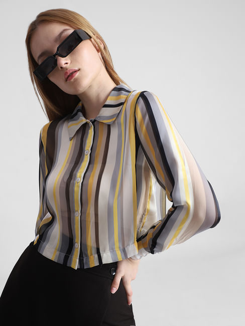 Multi-Coloured Striped Cropped Shirt
