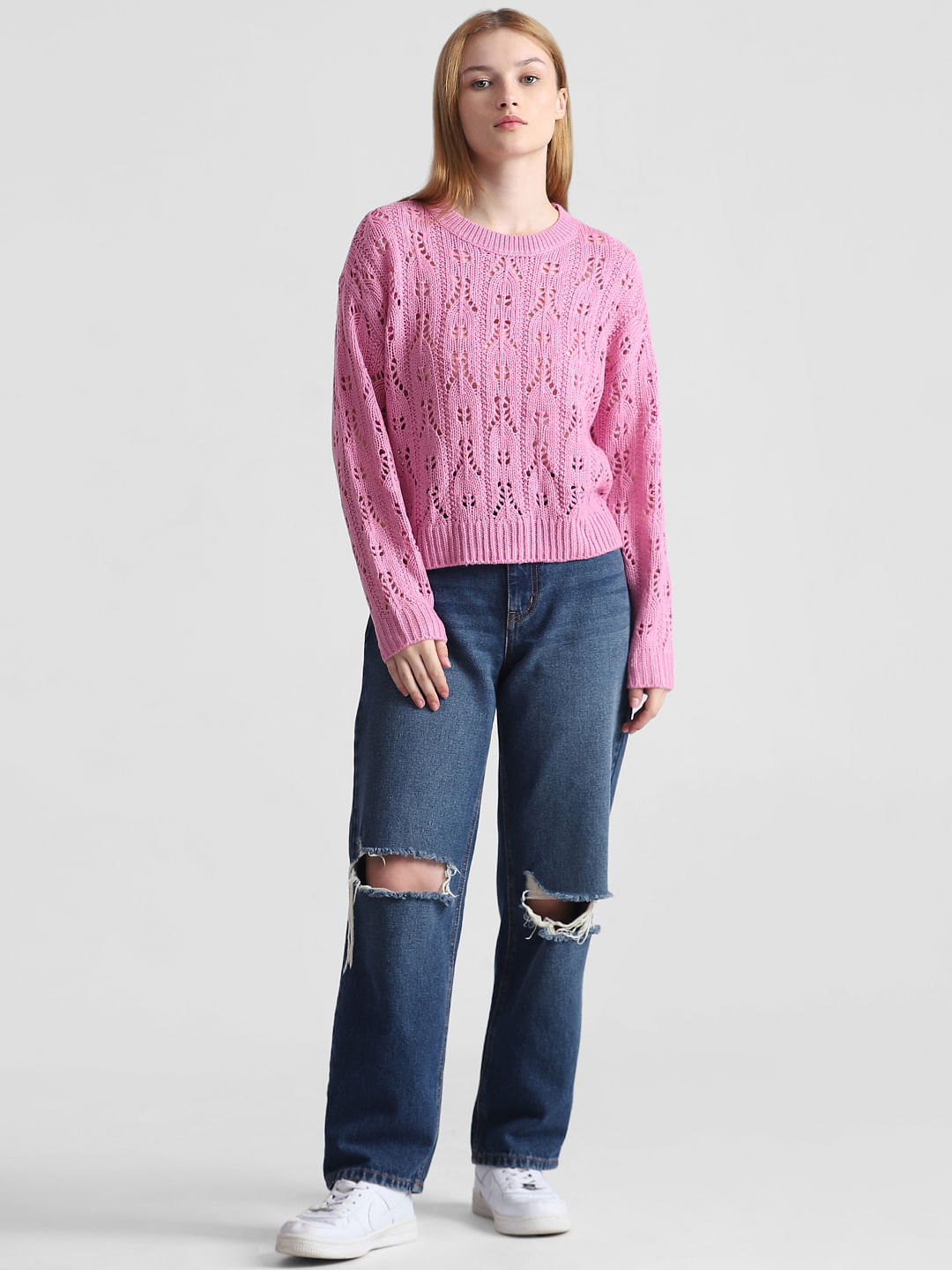 Pink Pointelle Knit Pullover|248503102-Cyclamen