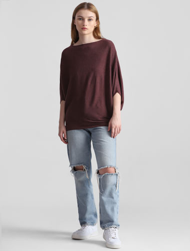 Wine Batwing Sleeves Pullover