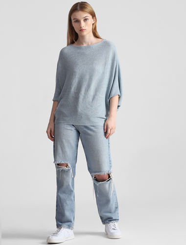 Blue Batwing Sleeves Pullover