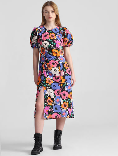 Multi-Coloured Floral Midi Dress