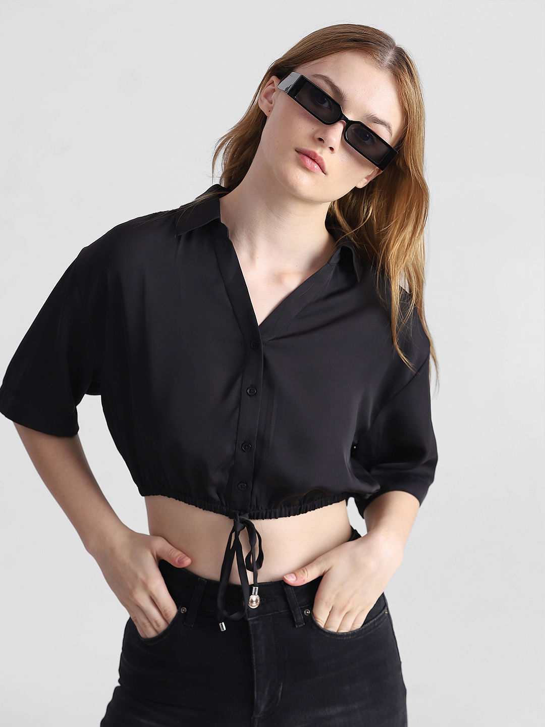 Black Cropped Satin Shirt