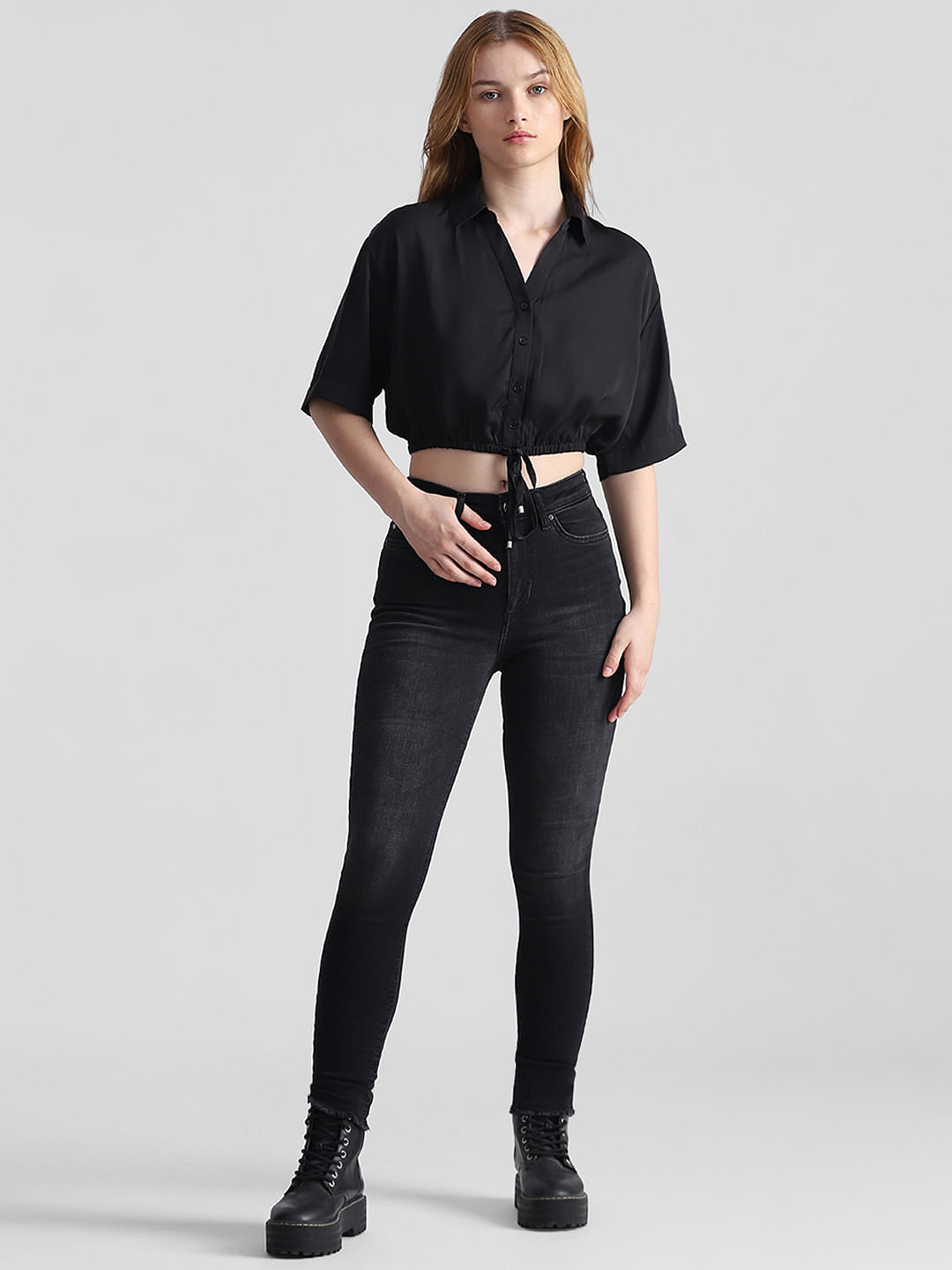 ONLY Women Black Cropped Button-Down Shirt | Short Sleeve, Drawstring Hem, V-Neck, Lightweight Fabric, Casual Wear, Size S