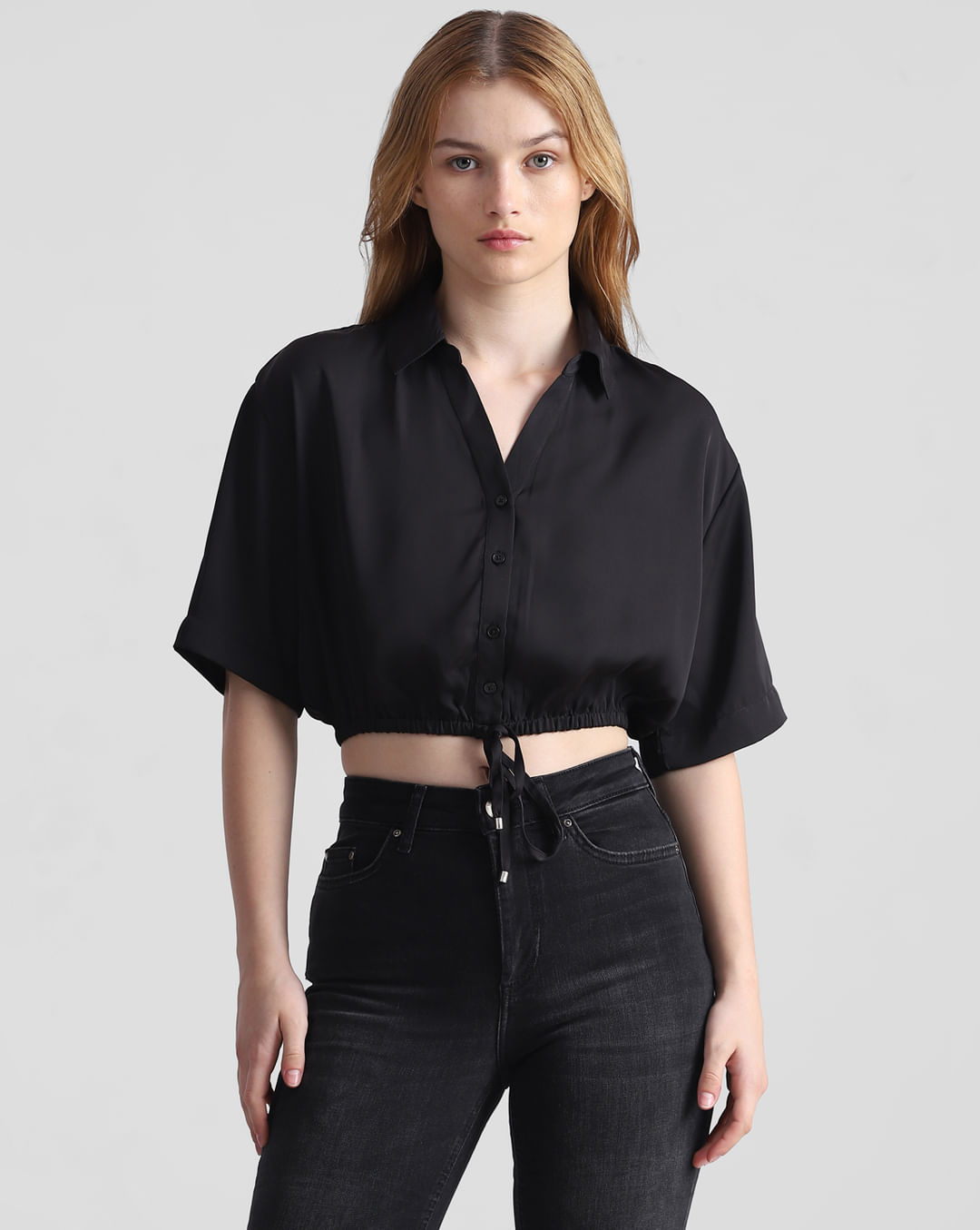 Black Cropped Satin Shirt
