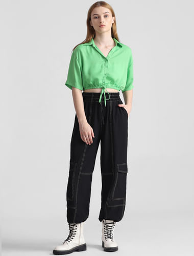Green Cropped Satin Shirt