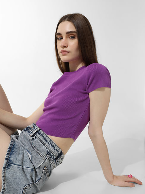 Purple Ribbed Cropped Top