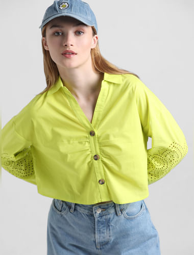 Yellow Schiffli Detail Cropped Shirt