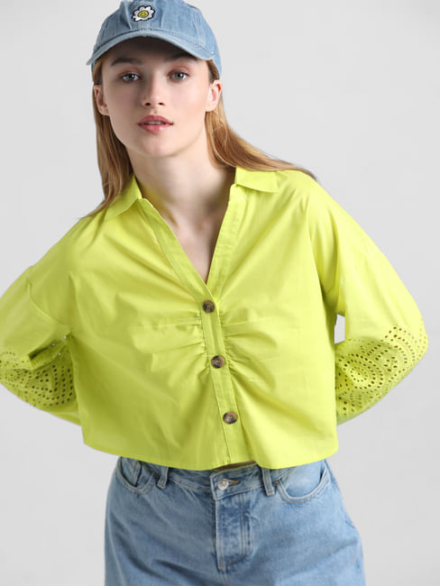Yellow Schiffli Detail Cropped Shirt