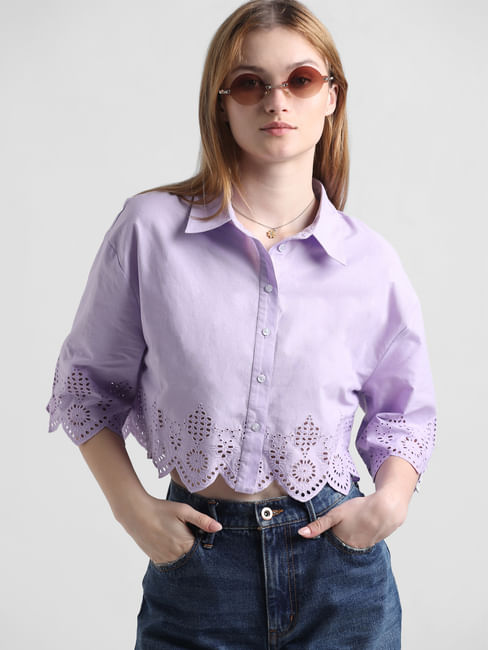 Purple Schiffli Detail Cropped Shirt