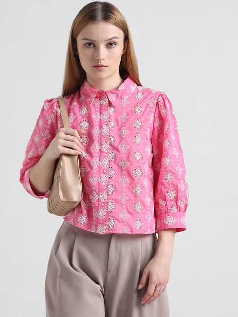 Pink Embroidered Cropped Shirt
