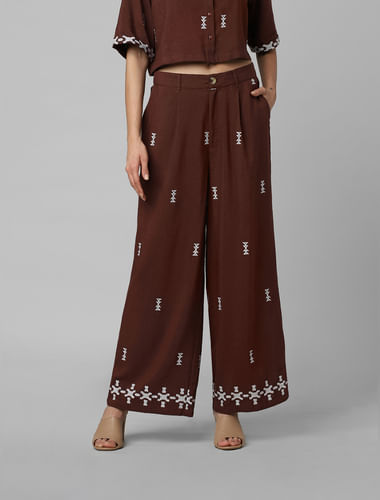 Brown Mid Rise Embroiderd Co-ord Set Pants