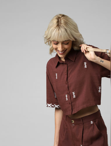 Brown Embroidered Crop Co-ord Set Shirt