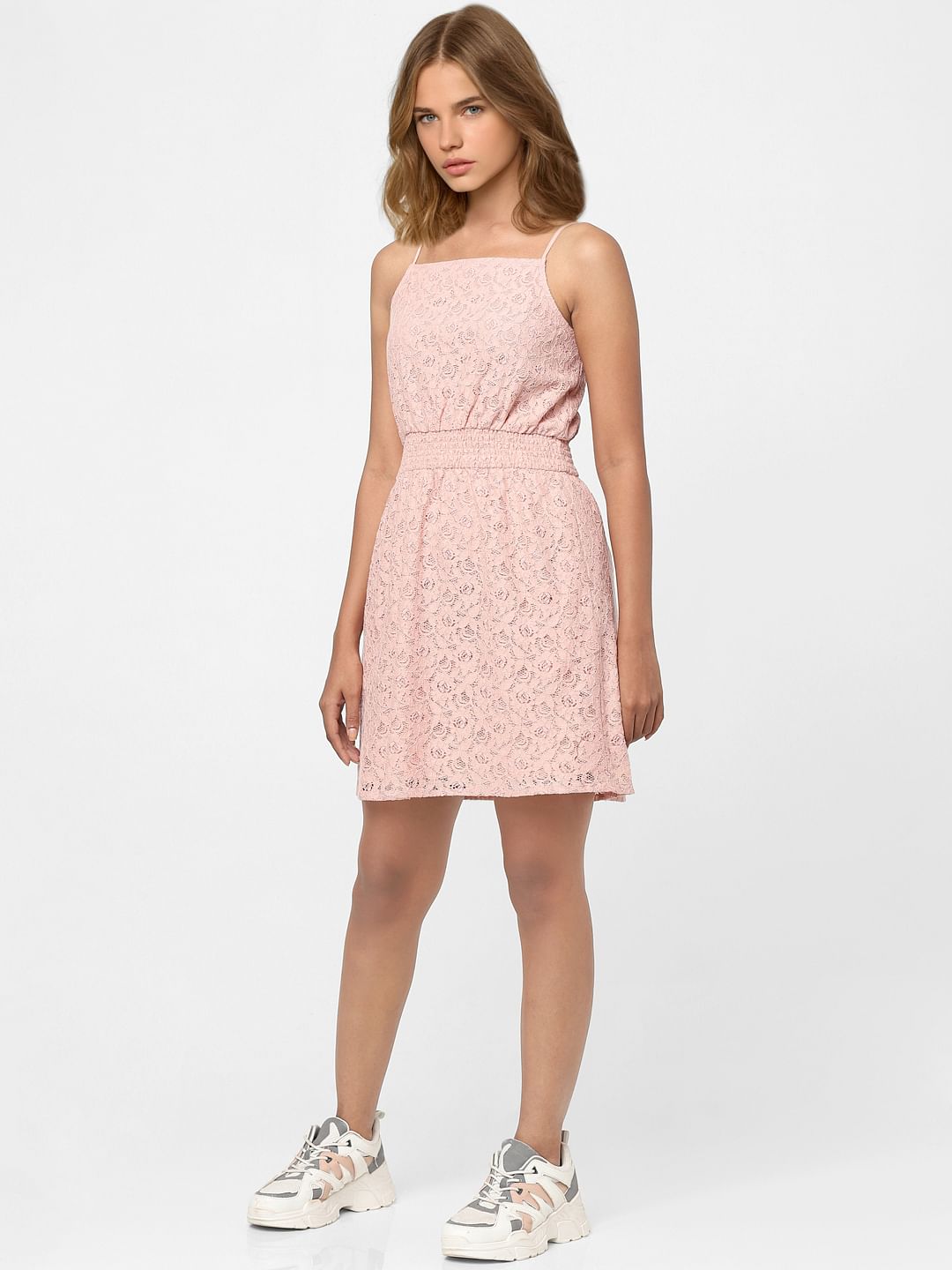 Pink lace fit on sale and flare dress