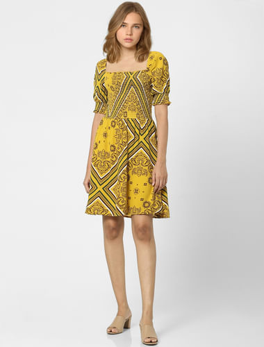 Yellow Printed Fit & Flare Dress