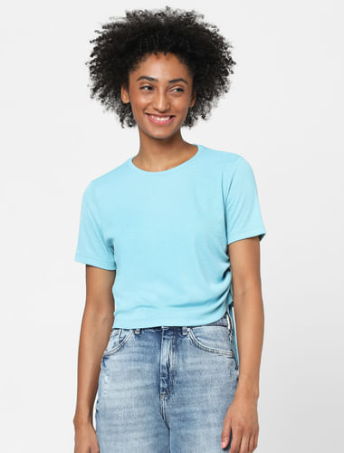 Blue Ruched Ribbed T-shirt
