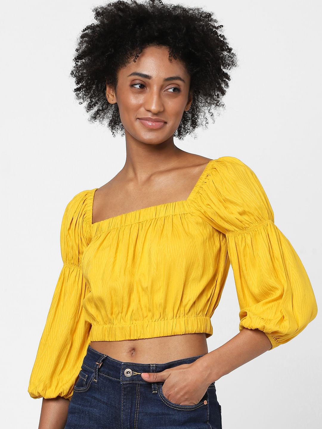 Yellow off the store shoulder crop top