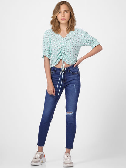 Light Green Printed Ruched Top