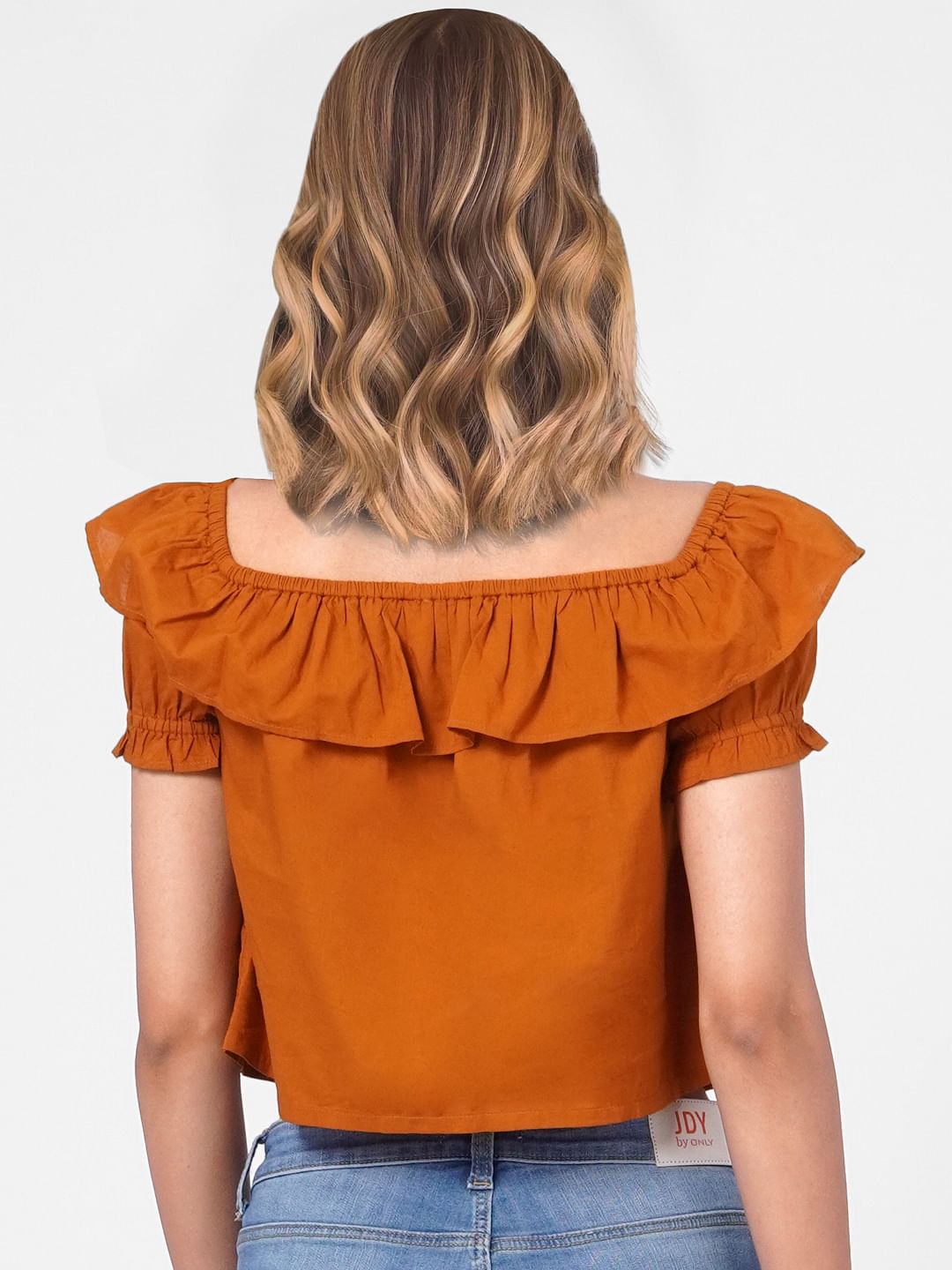 Orange off the shoulder crop online top