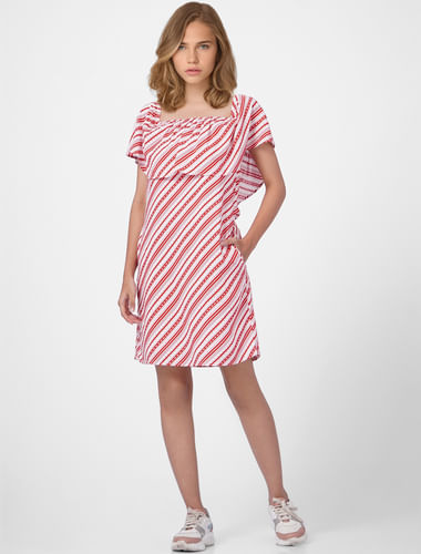 White Off Shoulder Striped Dress